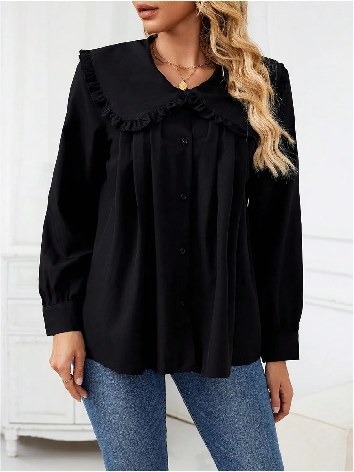 GORGLITTER Women's Peter Pan Collar Shirt Blouse Long Sleeve Ruffle Large Doll Collar Button Shirt Tops Trendy 2025