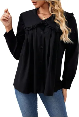 GORGLITTER Women's Peter Pan Collar Shirt Blouse Long Sleeve Ruffle Large Doll Collar Button Shirt Tops Trendy 2025