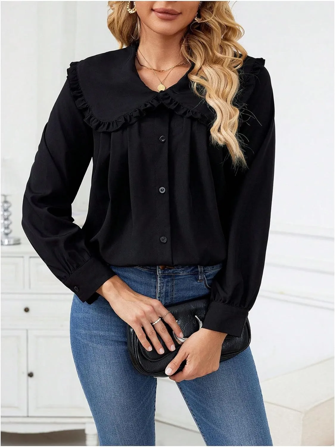 GORGLITTER Women's Peter Pan Collar Shirt Blouse Long Sleeve Ruffle Large Doll Collar Button Shirt Tops Trendy 2025