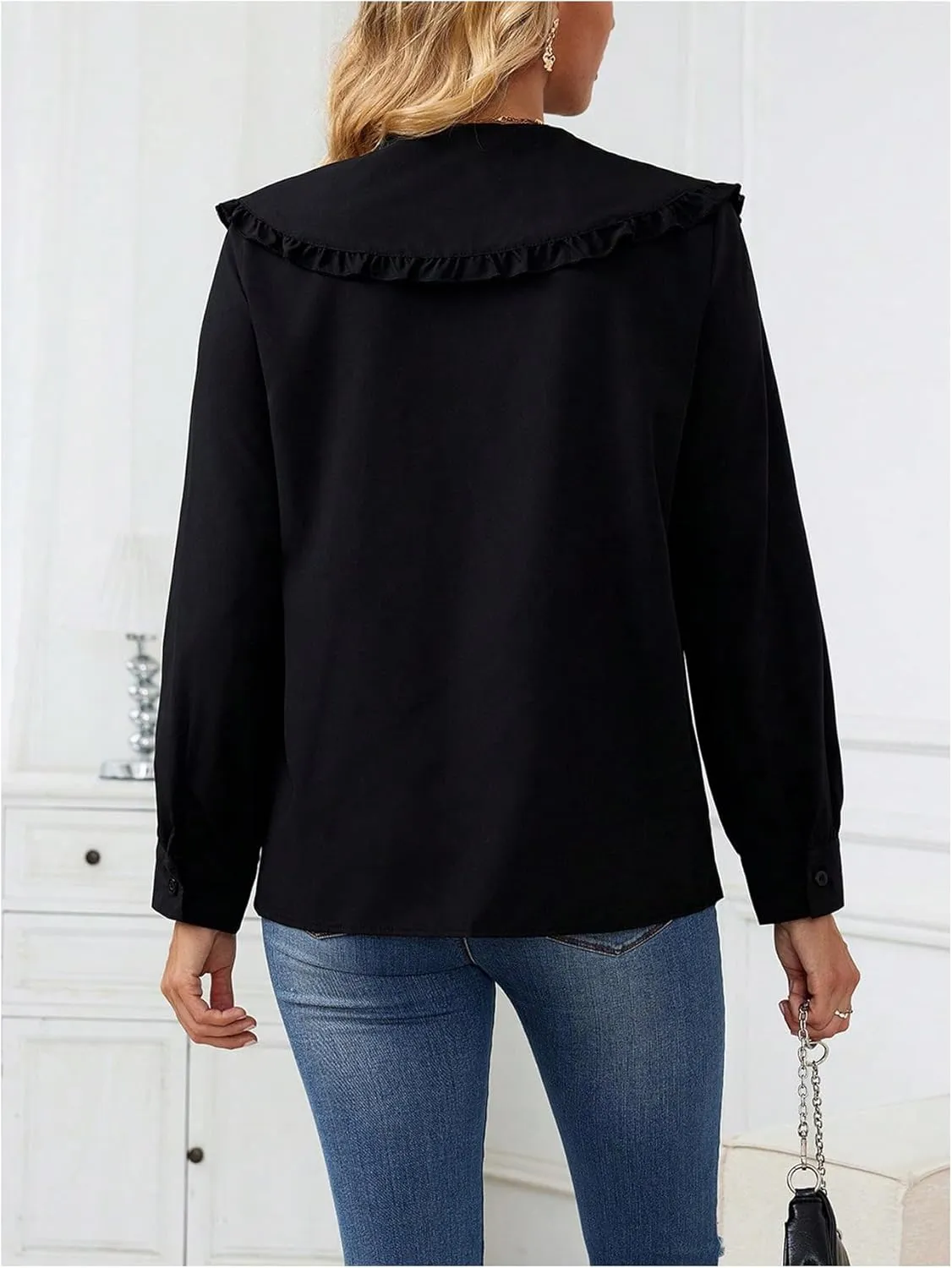 GORGLITTER Women's Peter Pan Collar Shirt Blouse Long Sleeve Ruffle Large Doll Collar Button Shirt Tops Trendy 2025