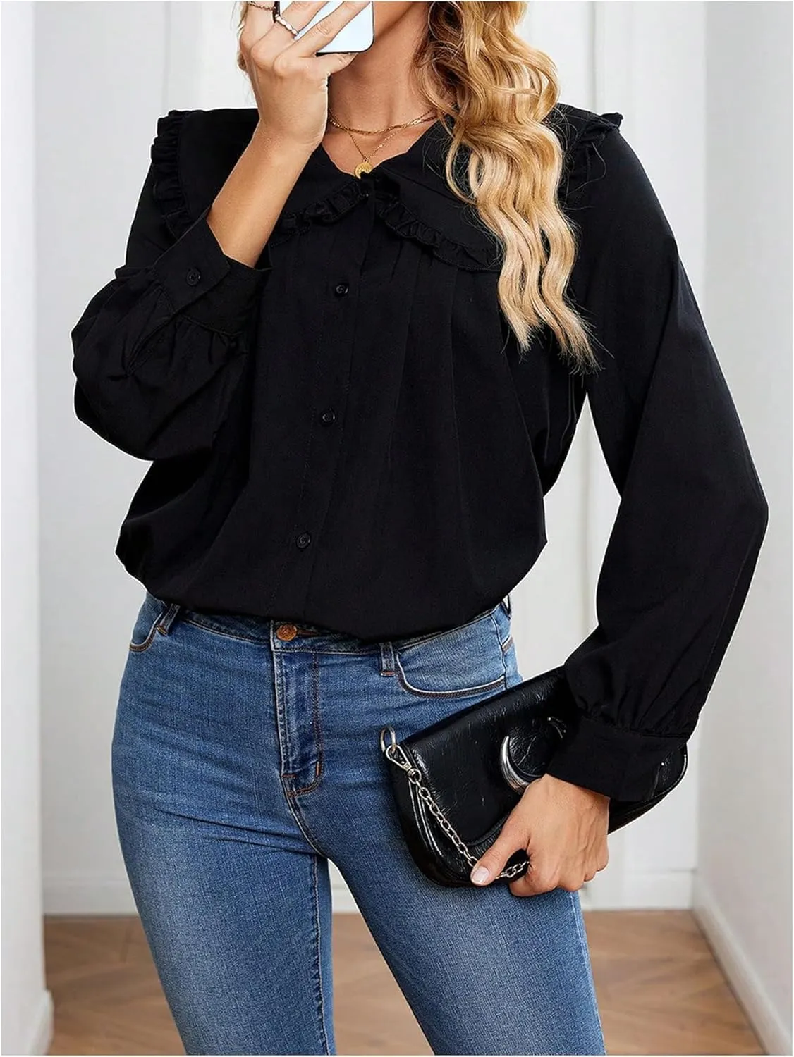 GORGLITTER Women's Peter Pan Collar Shirt Blouse Long Sleeve Ruffle Large Doll Collar Button Shirt Tops Trendy 2025