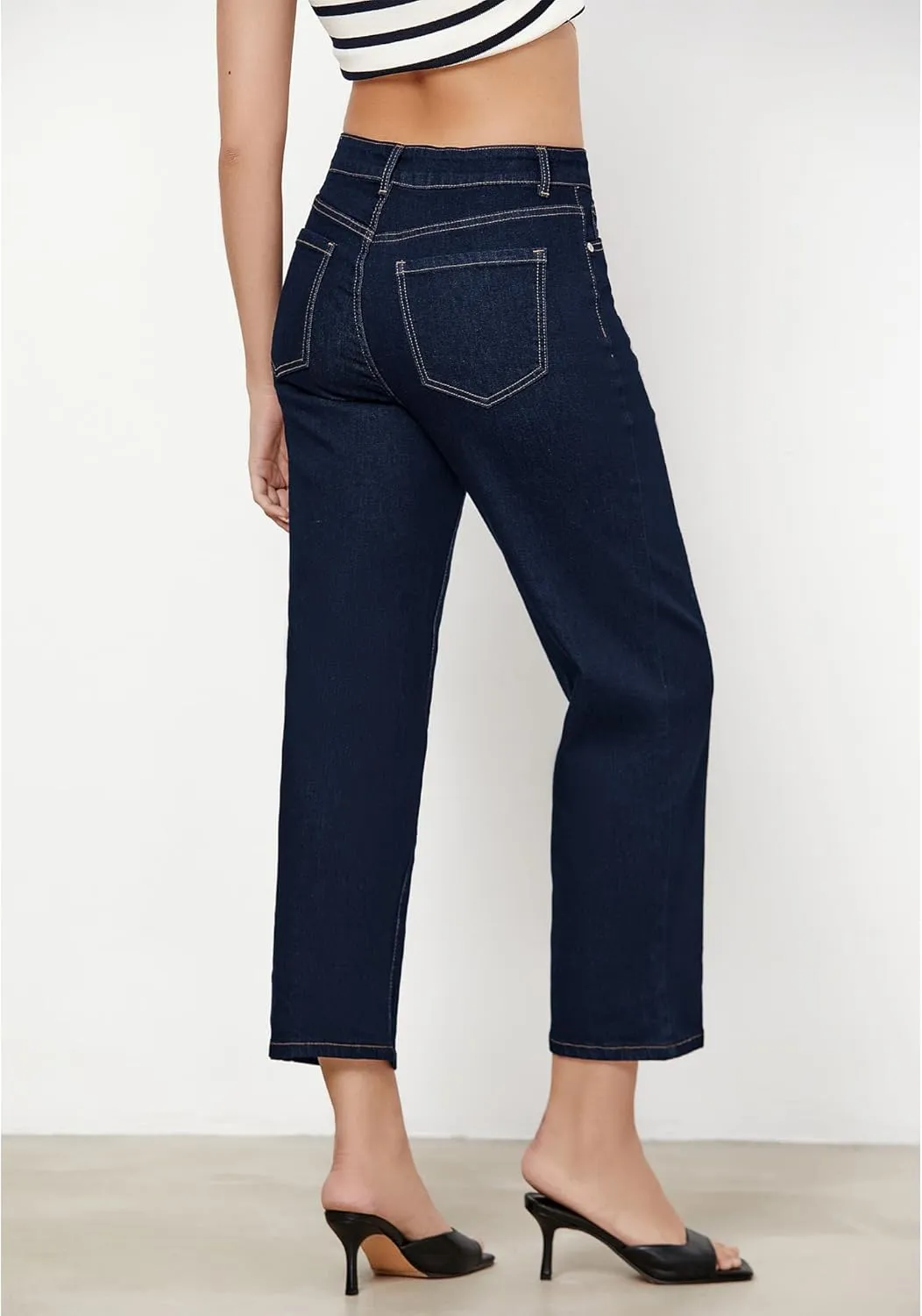 GRAPENT Jeans for Women Trendy High Waisted Baggy Straight Leg Stretchy Denim Ankle Pants Cropped Jeans with Pockets