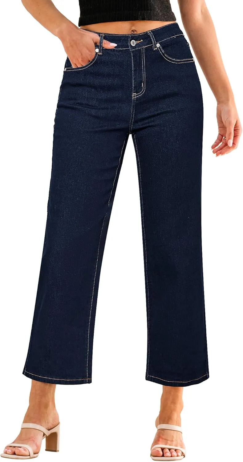 GRAPENT Jeans for Women Trendy High Waisted Baggy Straight Leg Stretchy Denim Ankle Pants Cropped Jeans with Pockets