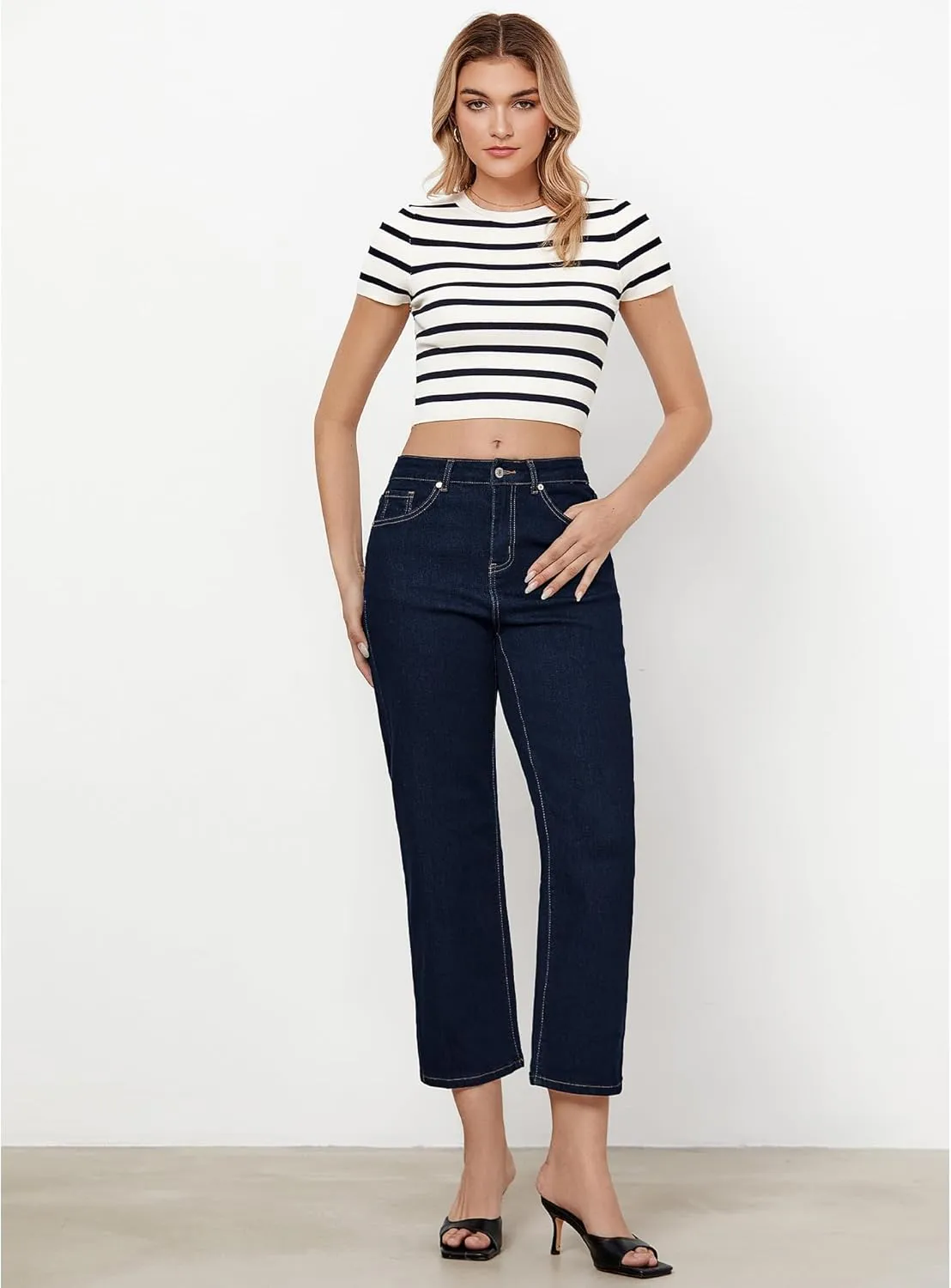 GRAPENT Jeans for Women Trendy High Waisted Baggy Straight Leg Stretchy Denim Ankle Pants Cropped Jeans with Pockets