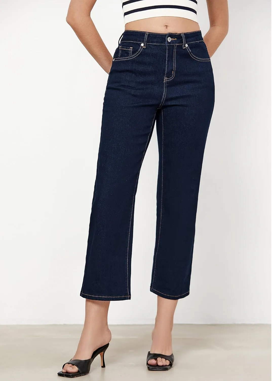 GRAPENT Jeans for Women Trendy High Waisted Baggy Straight Leg Stretchy Denim Ankle Pants Cropped Jeans with Pockets