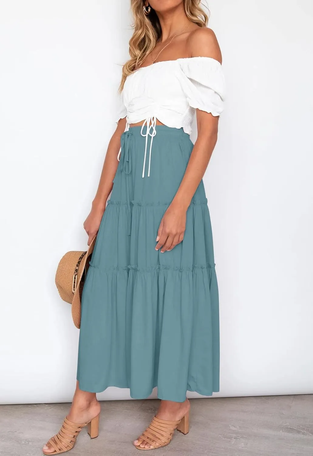 HAEOF Womens Summer Flowy Boho Midi Maxi Skirt Elastic High Waist A Line Pleated Tiered Trendy Beach Long Skirts with Pockets