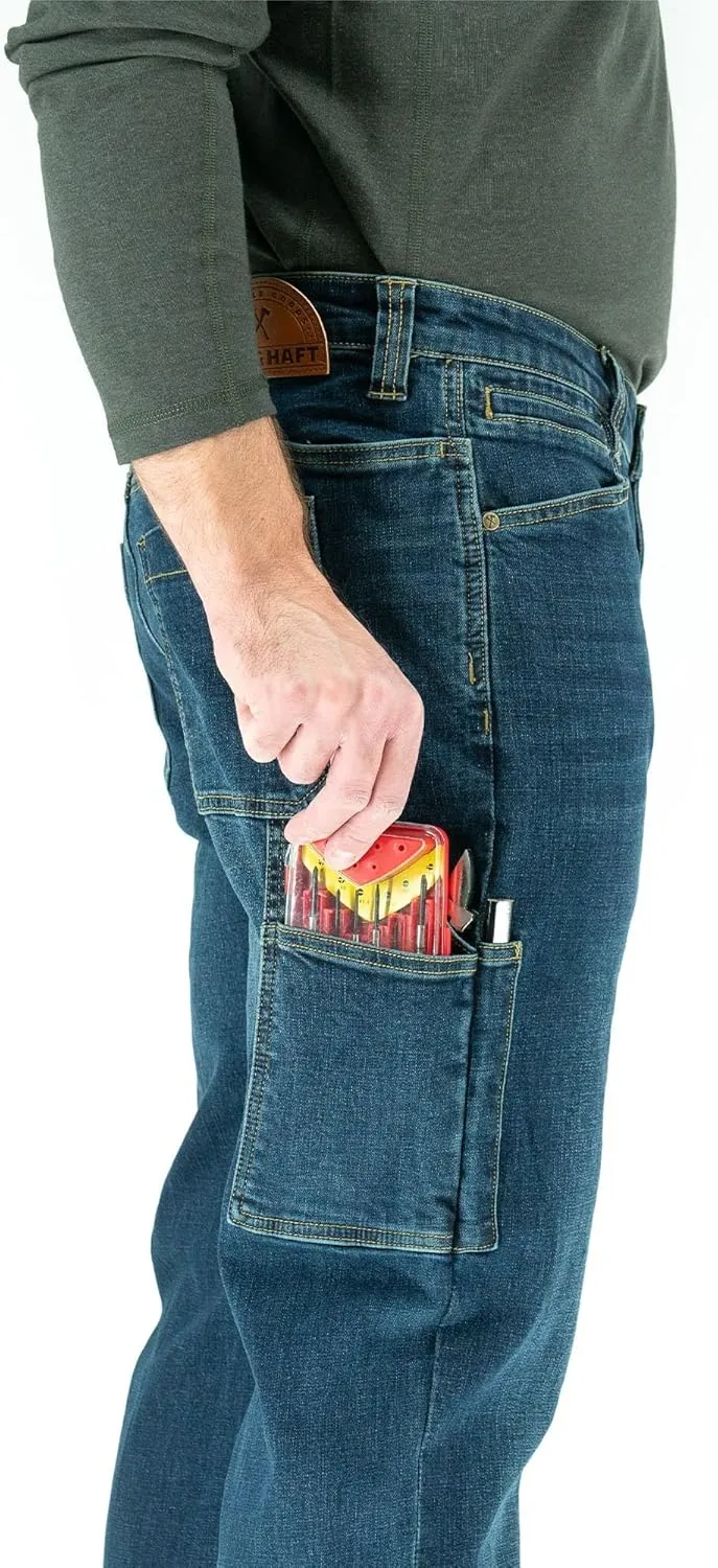 Iron & Haft Men's Journeyman Relaxed/Straight Fit Work Jeans, 12 Pocket Stretch Denim Tactical Jeans, Vintage/Medium Wash