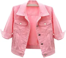 Jean Jacket for Women Trendy 2025 Plus Size 3/4 Sleeve Short Denim Jacket Casual Lapel Button Down Basic Cropped Coat
