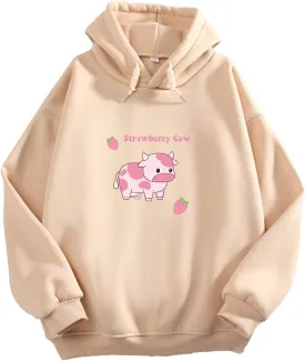 KEEVICI Pullover Sweatshirts for Women Cute Strawberry Cow Print Hoodie Casual Fuzzy Top