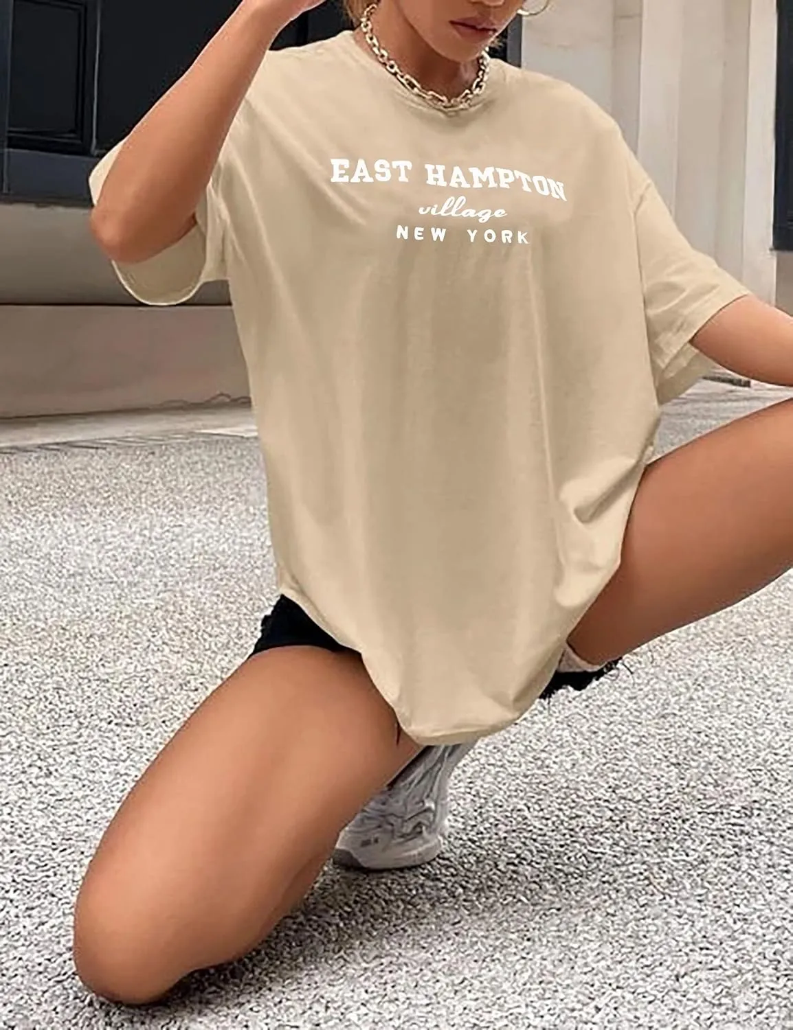 Lauweion Women Drop Shoulder East Hampton Letter T-Shirt Oversized Graphic Baggy Trendy Tee Shirt Top