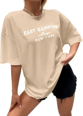 Lauweion Women Drop Shoulder East Hampton Letter T-Shirt Oversized Graphic Baggy Trendy Tee Shirt Top