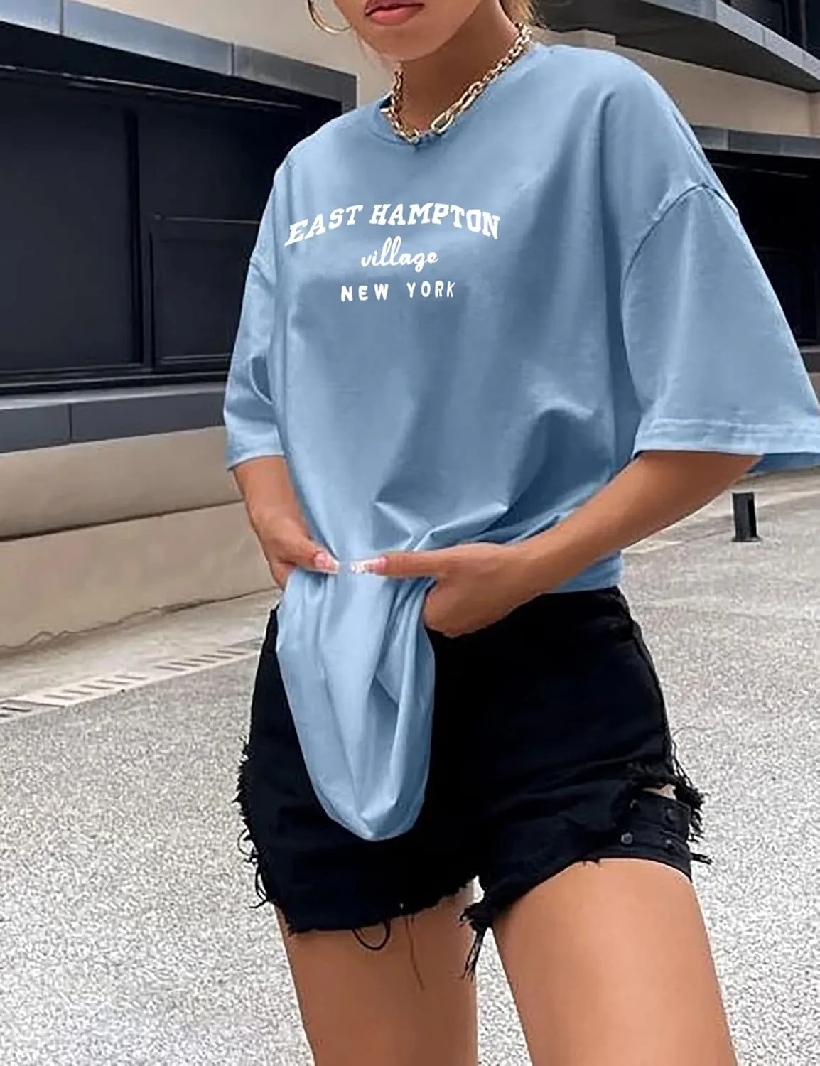 Lauweion Women Drop Shoulder East Hampton Letter T-Shirt Oversized Graphic Baggy Trendy Tee Shirt Top