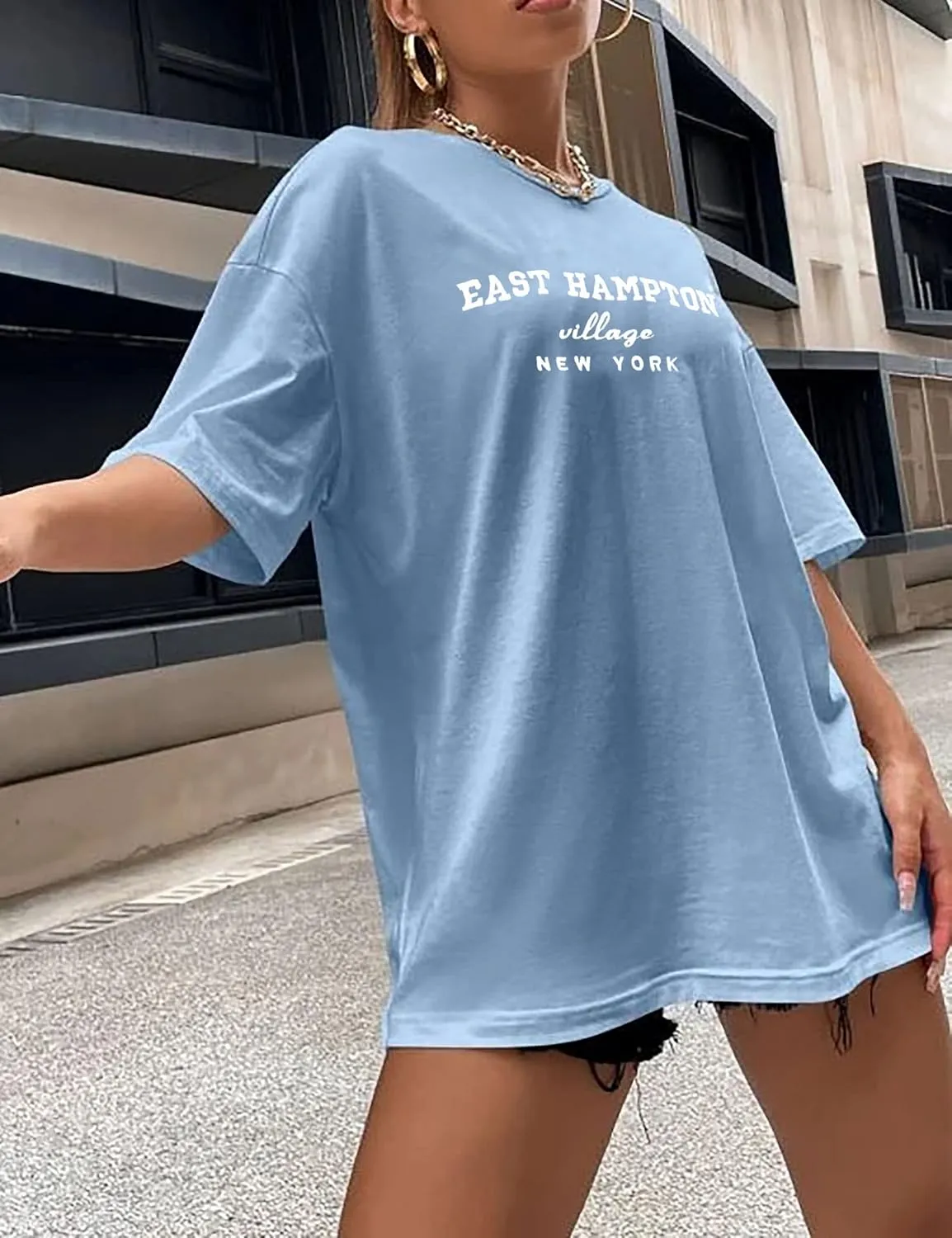 Lauweion Women Drop Shoulder East Hampton Letter T-Shirt Oversized Graphic Baggy Trendy Tee Shirt Top