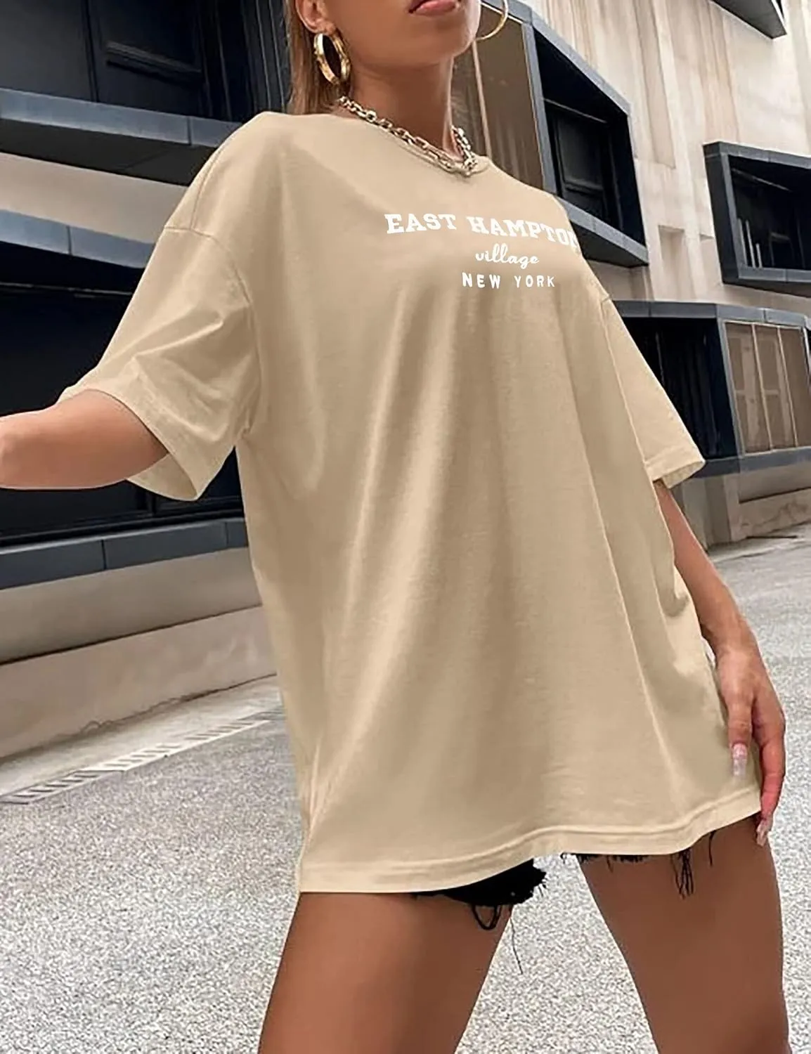 Lauweion Women Drop Shoulder East Hampton Letter T-Shirt Oversized Graphic Baggy Trendy Tee Shirt Top