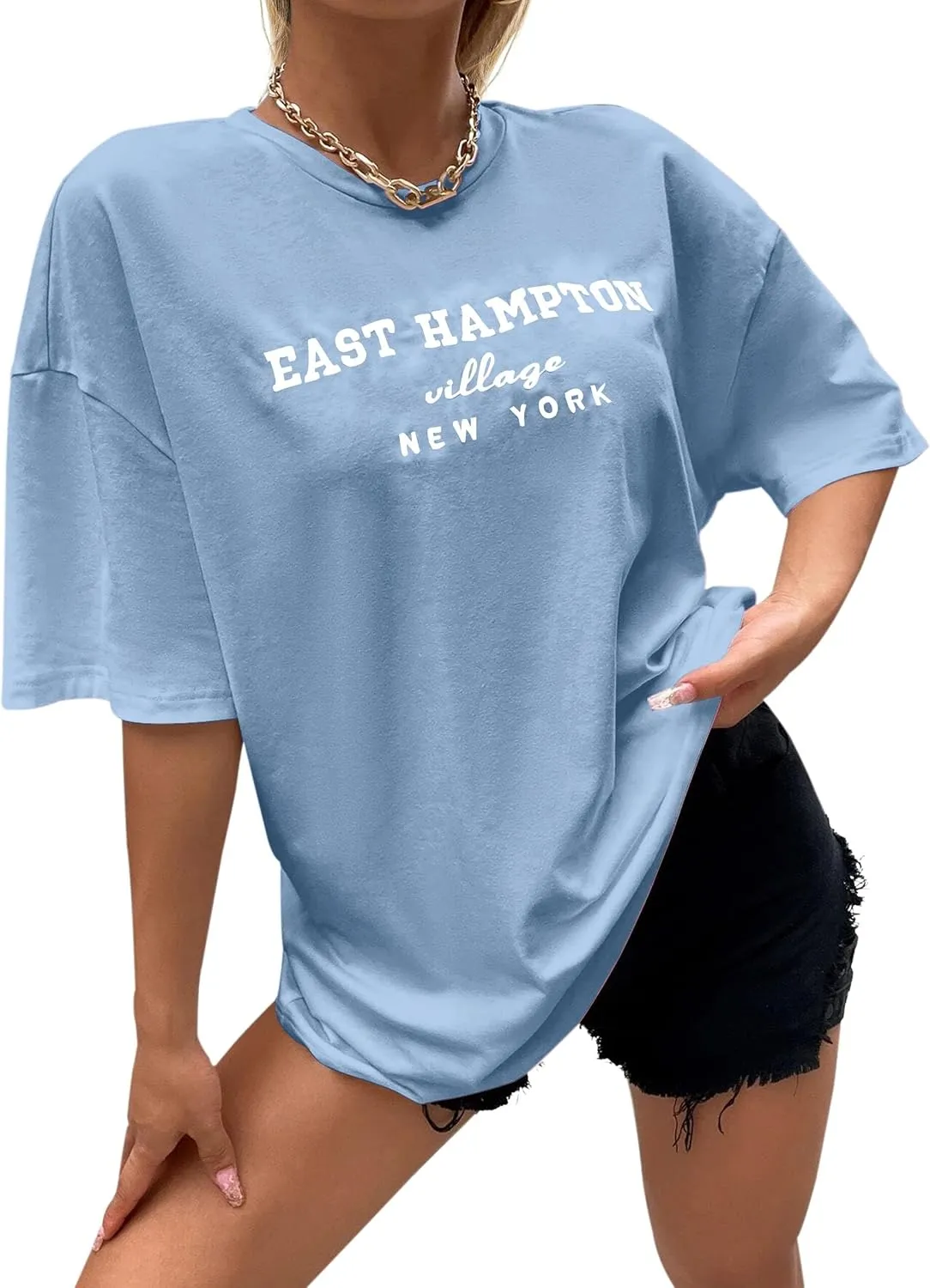 Lauweion Women Drop Shoulder East Hampton Letter T-Shirt Oversized Graphic Baggy Trendy Tee Shirt Top