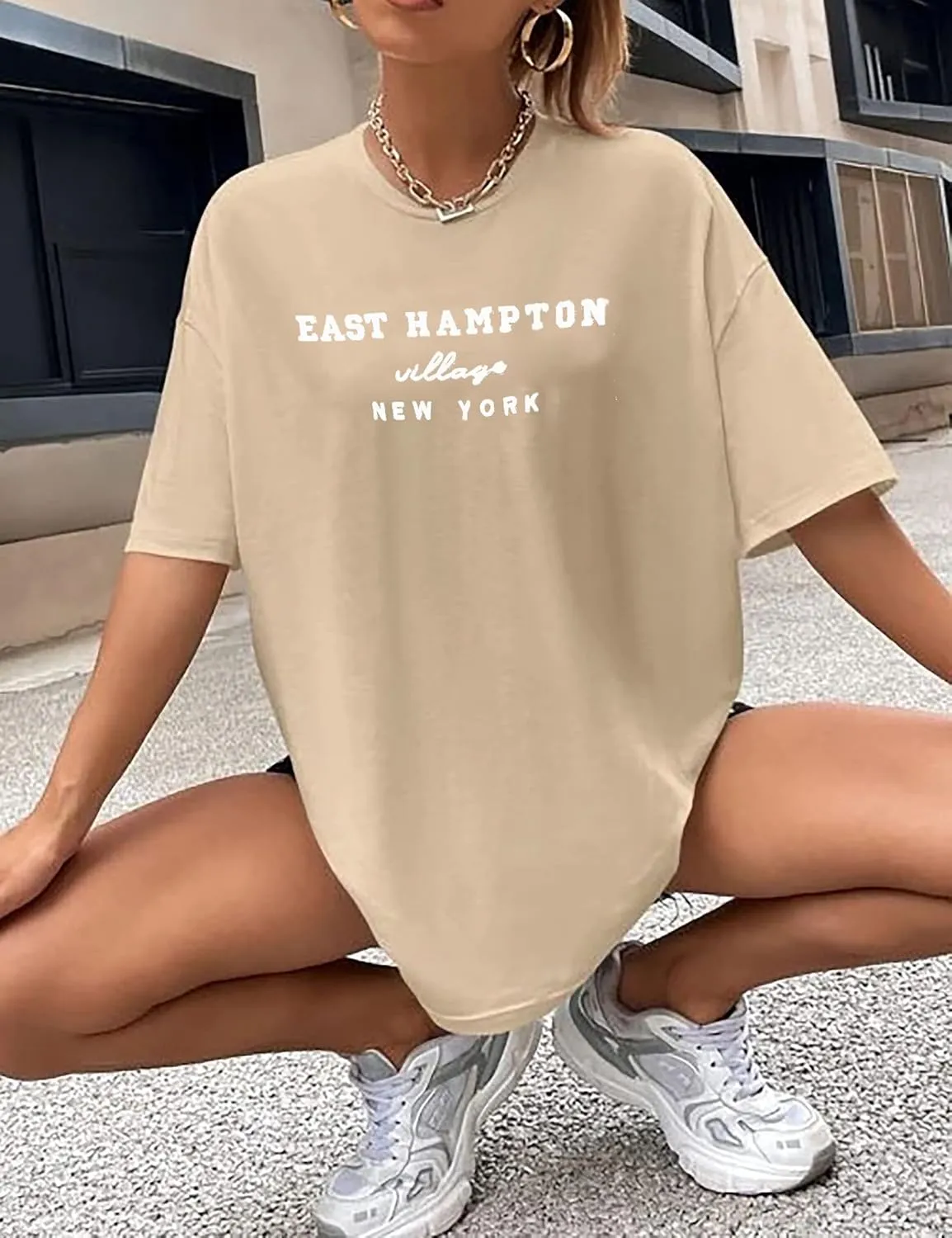 Lauweion Women Drop Shoulder East Hampton Letter T-Shirt Oversized Graphic Baggy Trendy Tee Shirt Top
