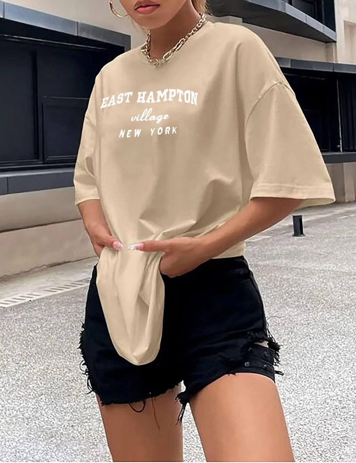 Lauweion Women Drop Shoulder East Hampton Letter T-Shirt Oversized Graphic Baggy Trendy Tee Shirt Top