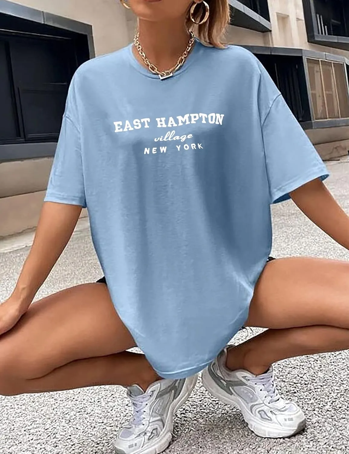 Lauweion Women Drop Shoulder East Hampton Letter T-Shirt Oversized Graphic Baggy Trendy Tee Shirt Top
