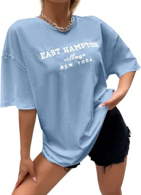 Lauweion Women Drop Shoulder East Hampton Letter T-Shirt Oversized Graphic Baggy Trendy Tee Shirt Top