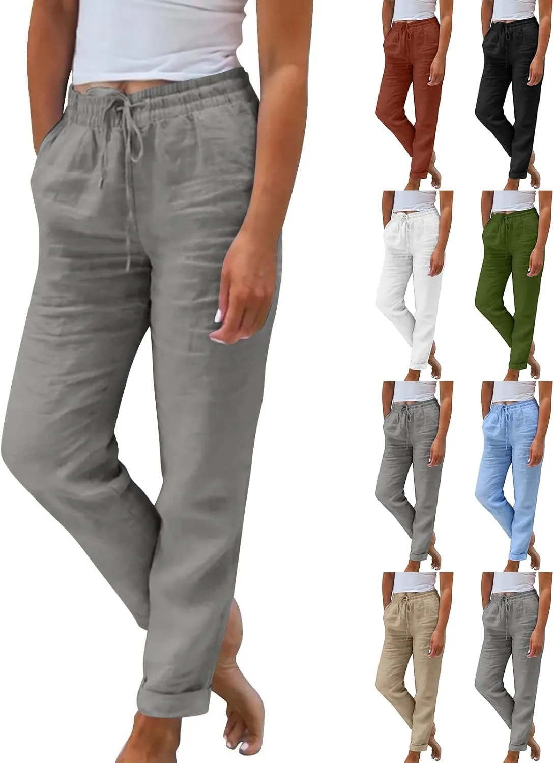 Linen Pants Women Comfy Elastic Waist Drawstring Cotton Pants Lightweight Tapered Lounge Vacation Beach Pants