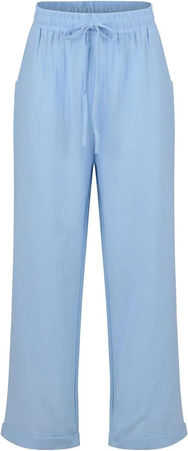 Linen Pants Women Comfy Elastic Waist Drawstring Cotton Pants Lightweight Tapered Lounge Vacation Beach Pants