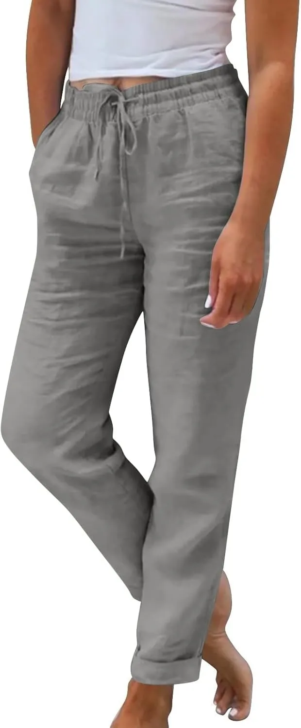 Linen Pants Women Comfy Elastic Waist Drawstring Cotton Pants Lightweight Tapered Lounge Vacation Beach Pants