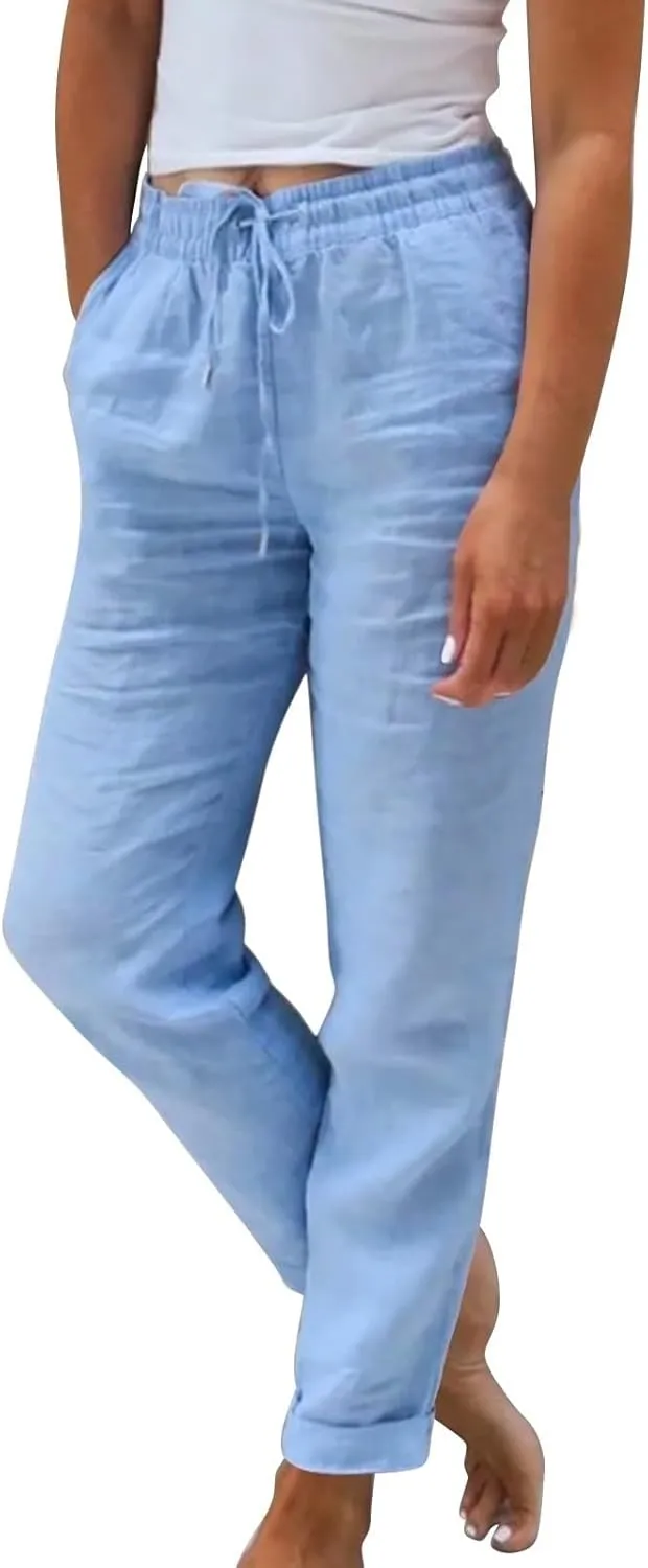 Linen Pants Women Comfy Elastic Waist Drawstring Cotton Pants Lightweight Tapered Lounge Vacation Beach Pants