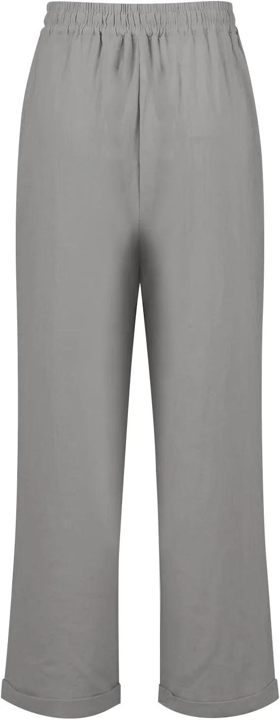 Linen Pants Women Comfy Elastic Waist Drawstring Cotton Pants Lightweight Tapered Lounge Vacation Beach Pants