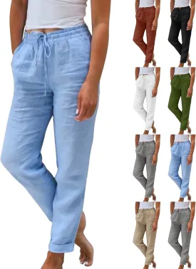 Linen Pants Women Comfy Elastic Waist Drawstring Cotton Pants Lightweight Tapered Lounge Vacation Beach Pants