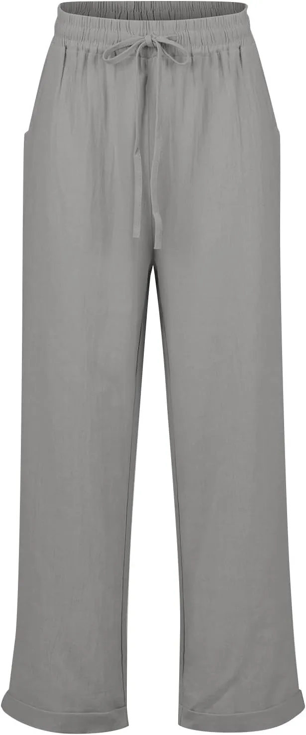 Linen Pants Women Comfy Elastic Waist Drawstring Cotton Pants Lightweight Tapered Lounge Vacation Beach Pants