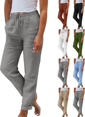 Linen Pants Women Comfy Elastic Waist Drawstring Cotton Pants Lightweight Tapered Lounge Vacation Beach Pants