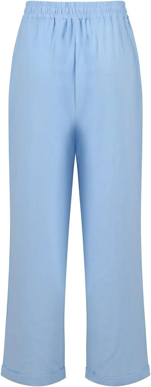 Linen Pants Women Comfy Elastic Waist Drawstring Cotton Pants Lightweight Tapered Lounge Vacation Beach Pants