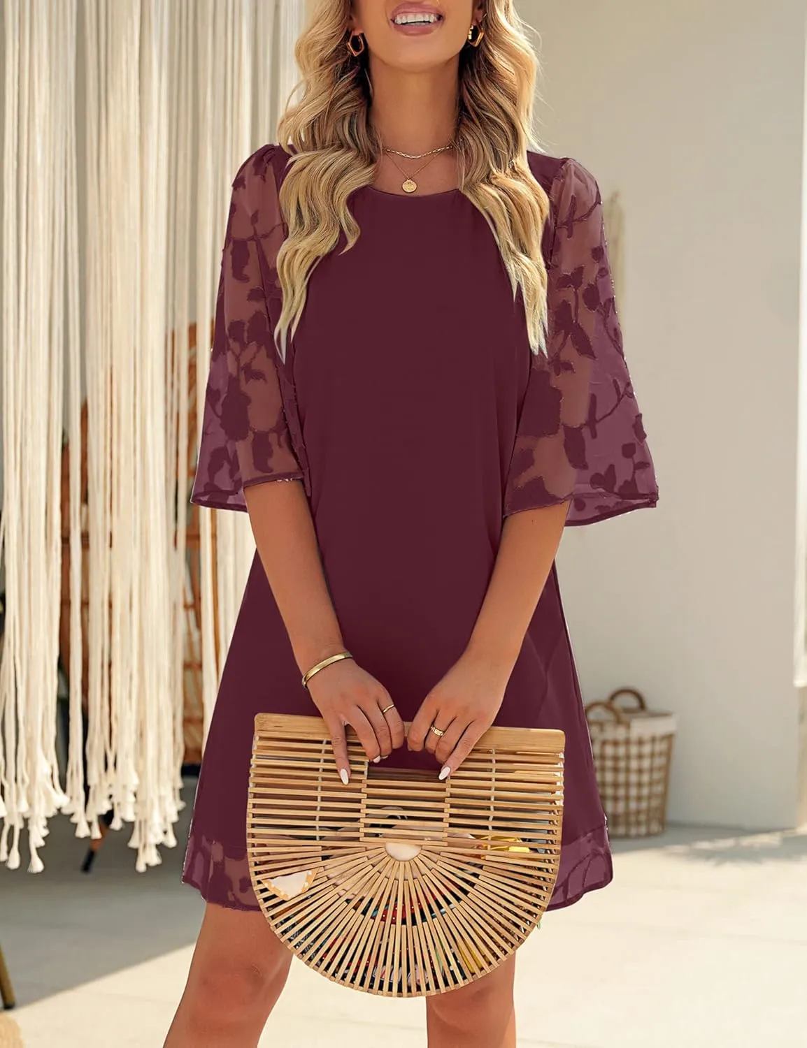 LookbookStore 3/4 Sleeve Dress for Women Shift Cute Summer Tunic Floral Lace Dresses