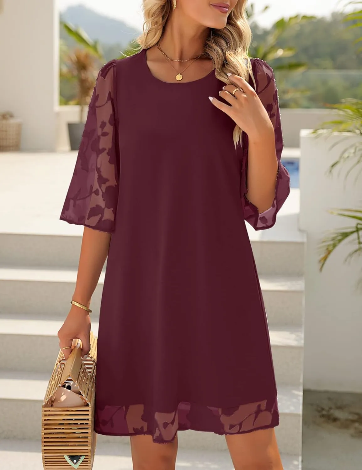 LookbookStore 3/4 Sleeve Dress for Women Shift Cute Summer Tunic Floral Lace Dresses