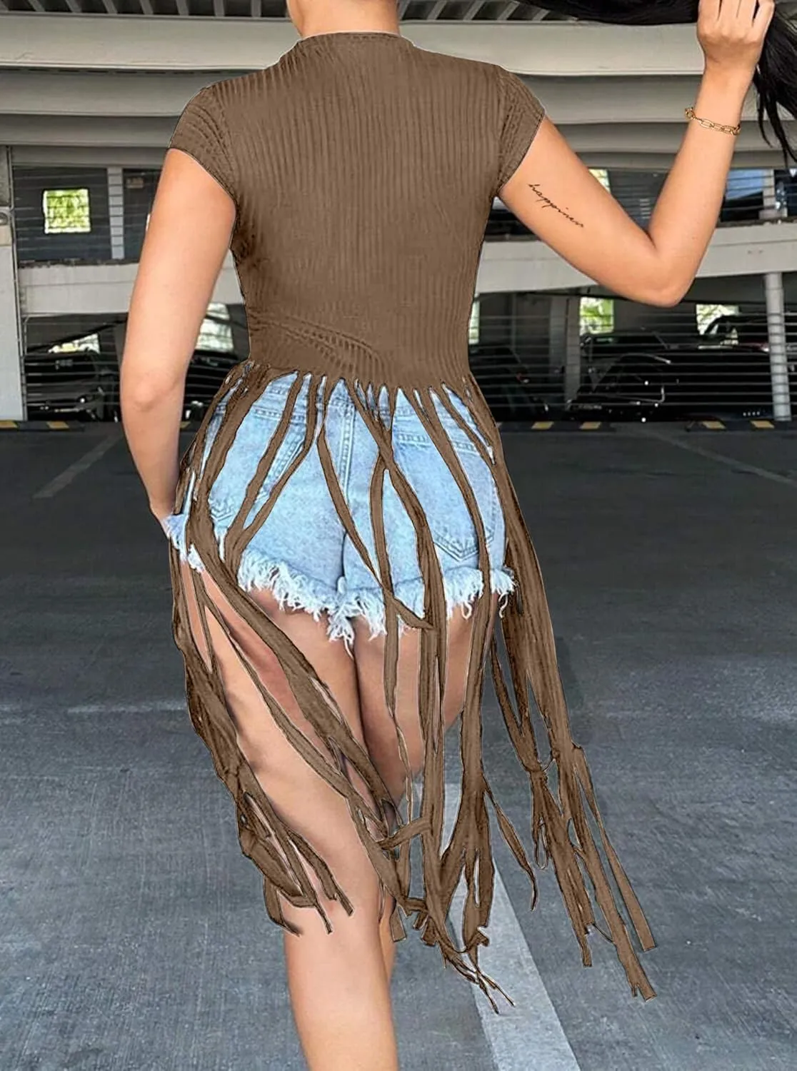LovelyWholesale Women Sexy Cap Sleeve Fringe Tops Ribbed Knit Short Sleeve T Shirt