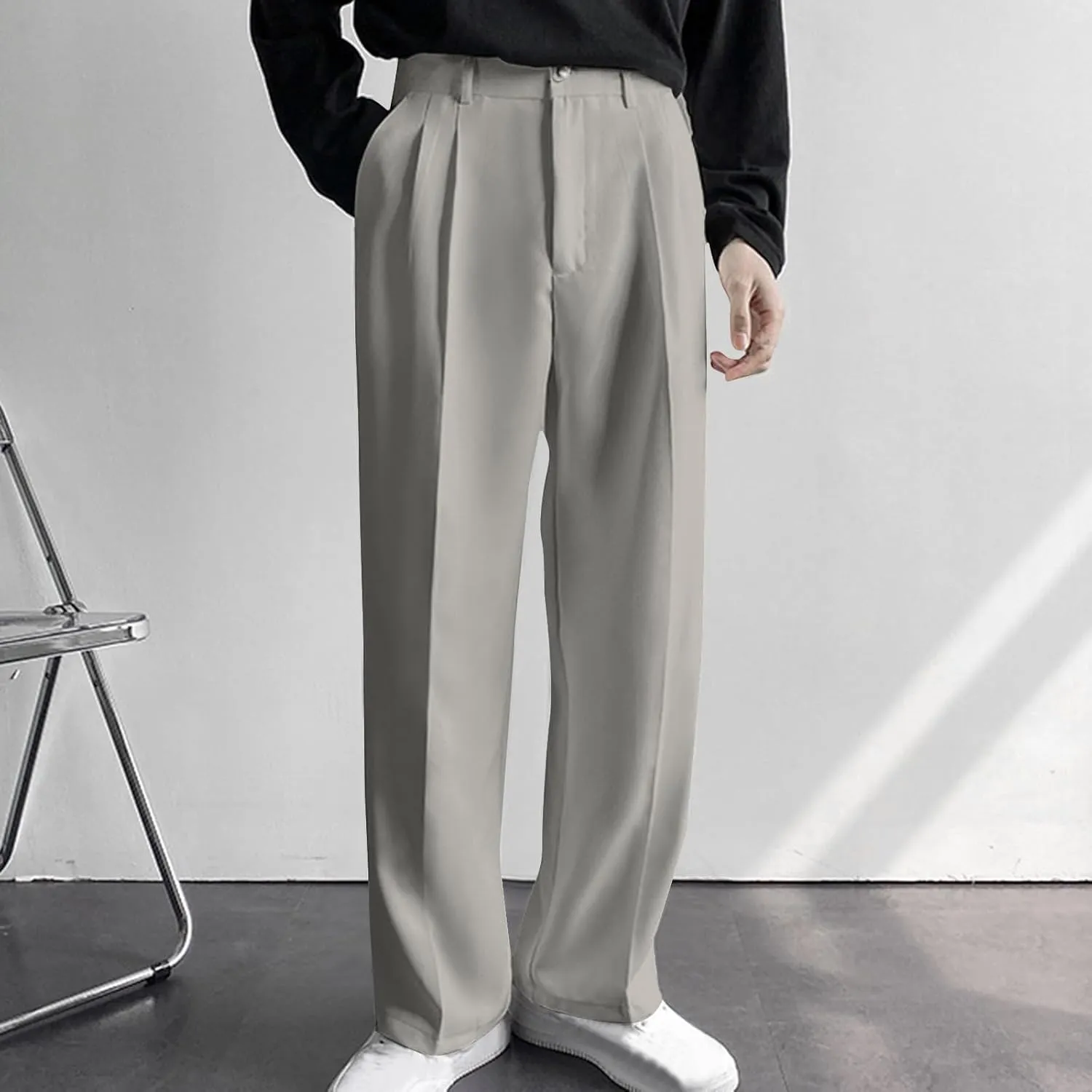 Men's Casual Business Pants Loose Dress Pants High Waisted Button Straight Wide Leg Suit Pant Work Trousers
