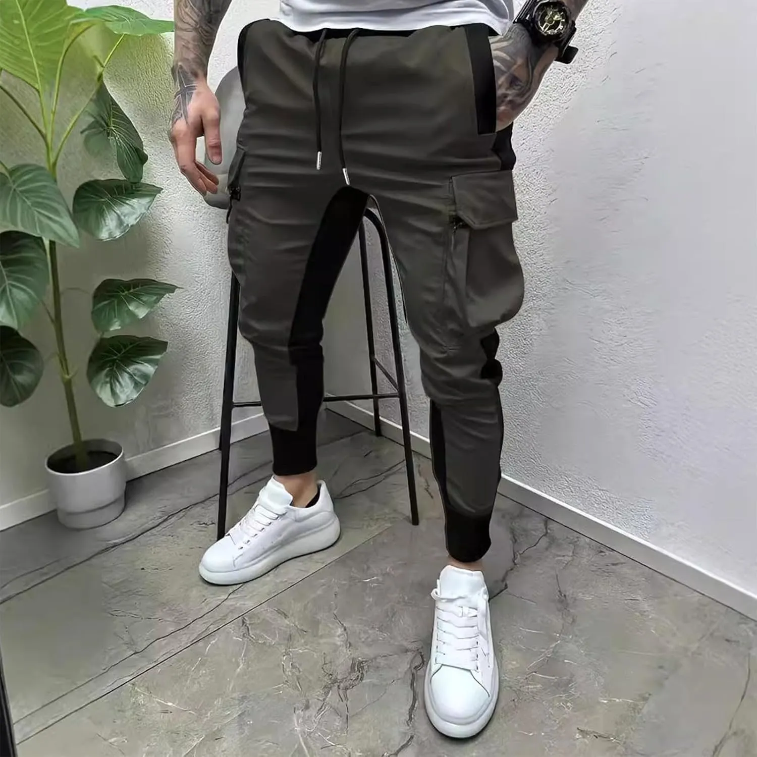 Men's Color Block Cargo Trousers Tapered Drawstring High Waisted Trousers Comfortable Stylish Hiking Outdoor Running Pants