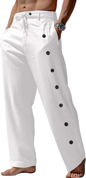 Mens Cotton Linen Pants Loose Fit Lightweight Wide Leg Drawstring Trousers Summer Casual Yoga Beach Pants for Men