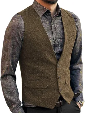Men's Herringbone Tweed Wool Suit Vest Single Breasted Slim Fit Waistcoat Vest