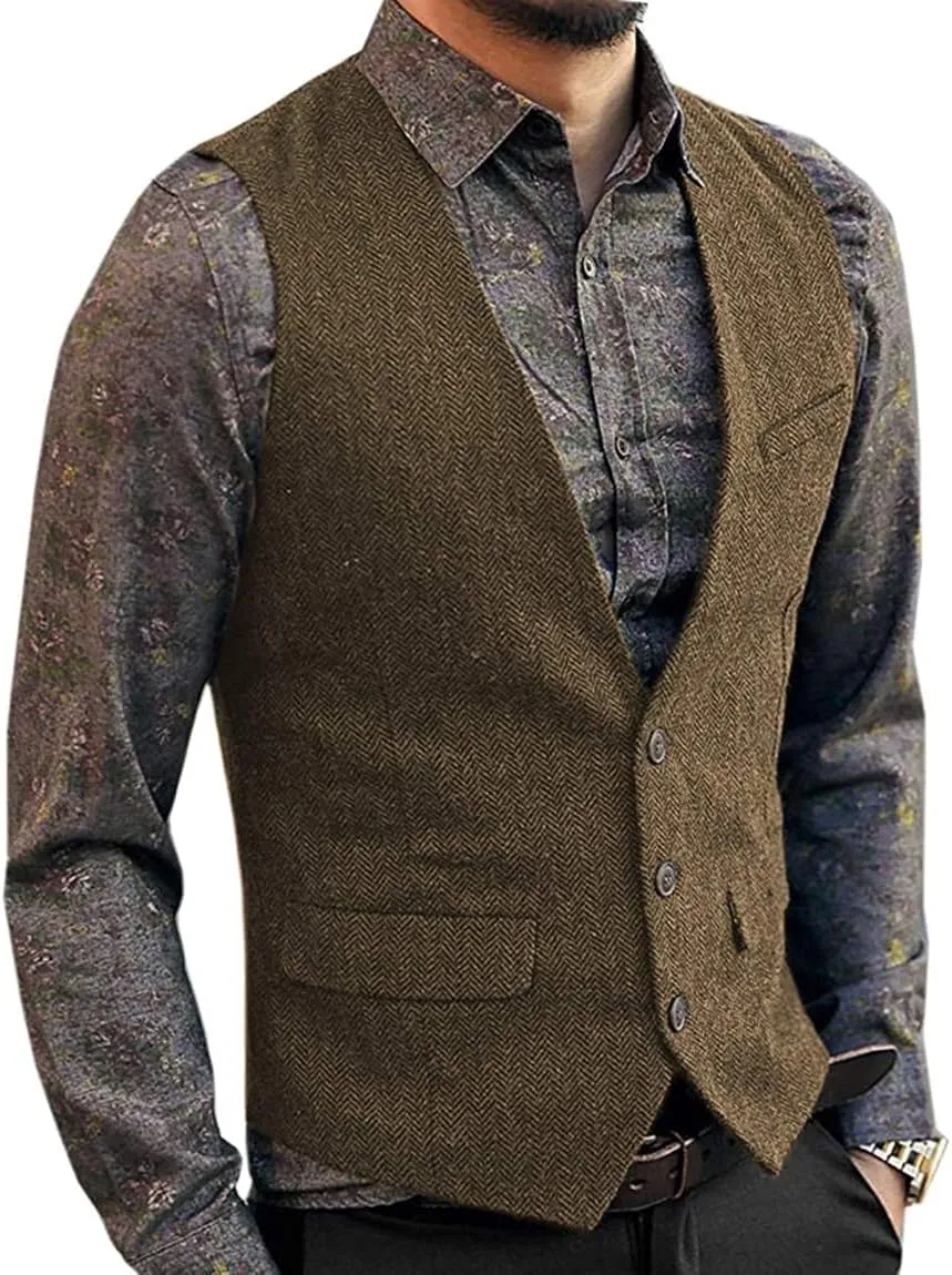 Men's Herringbone Tweed Wool Suit Vest Single Breasted Slim Fit Waistcoat Vest