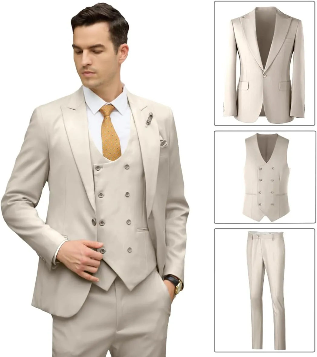 Mens Suit Slim Fit 3 Piece Double Breasted Suit Men Formal Tuxedo Set Casual Wedding Prom Groom Suits