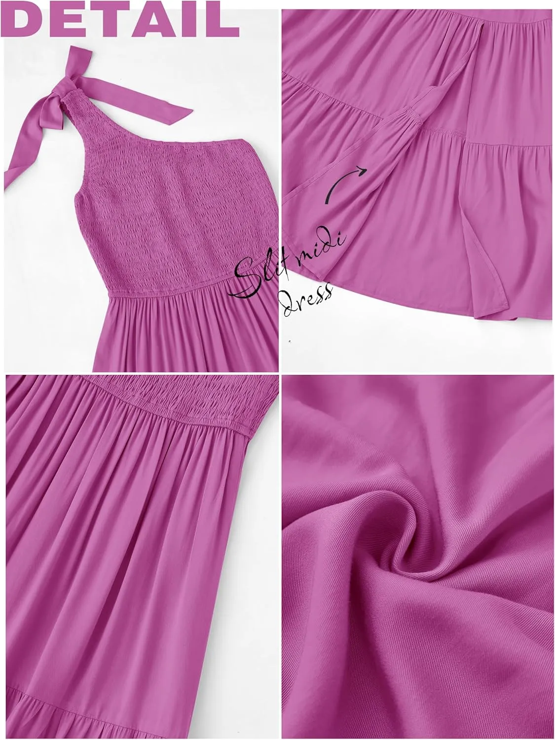 MEROKEETY Women's Summer One Shoulder Sleeveless Knot Smocked Midi Dress Split Tiered Flowy Dresses