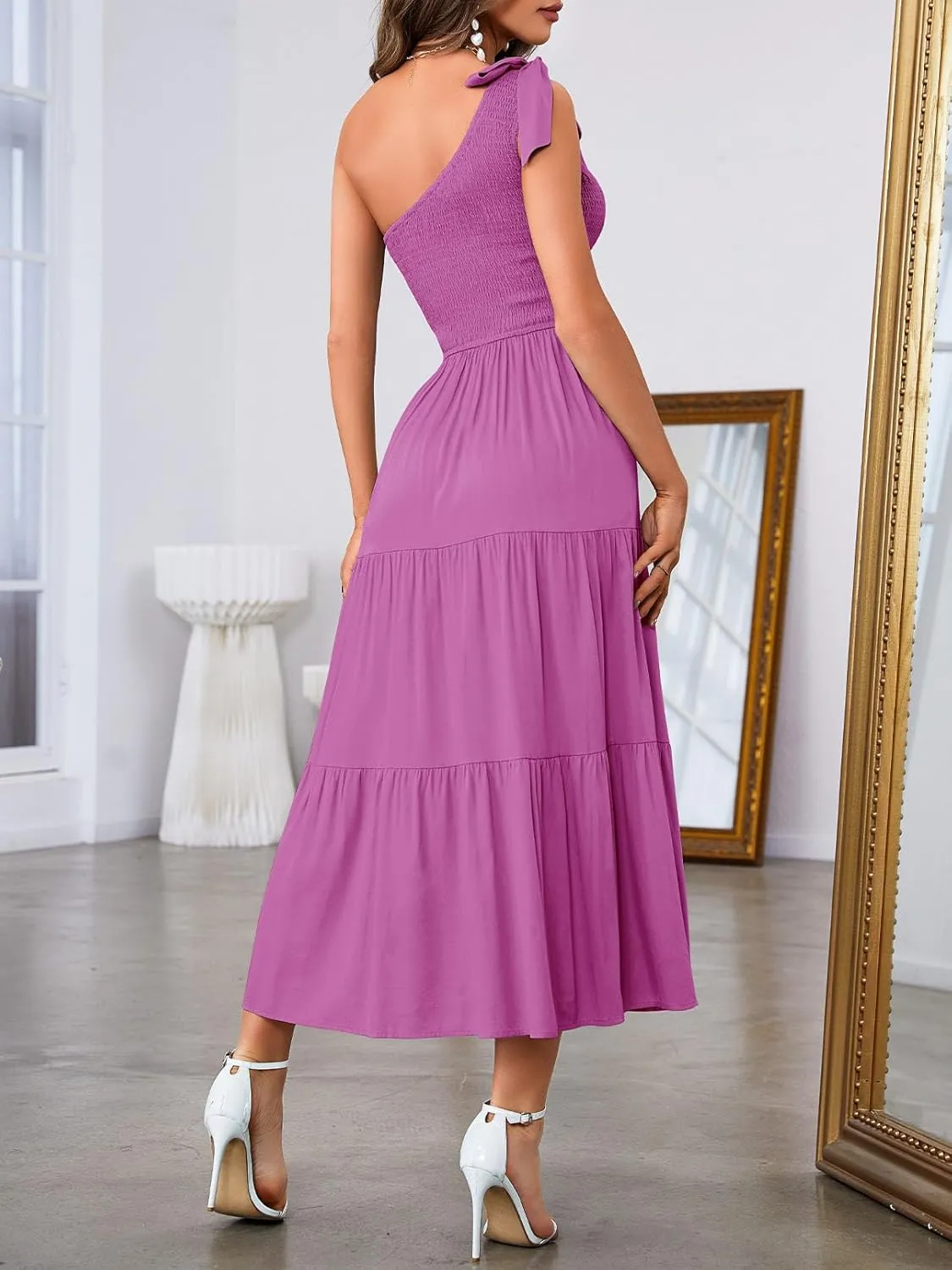 MEROKEETY Women's Summer One Shoulder Sleeveless Knot Smocked Midi Dress Split Tiered Flowy Dresses