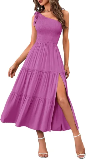 MEROKEETY Women's Summer One Shoulder Sleeveless Knot Smocked Midi Dress Split Tiered Flowy Dresses
