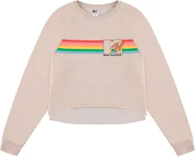 MTV Women's Long Sleeve Raglan Sweatshirt - Nostalgic 90s 'I Want My Print - Casual Raw Edge Fleece Pullover