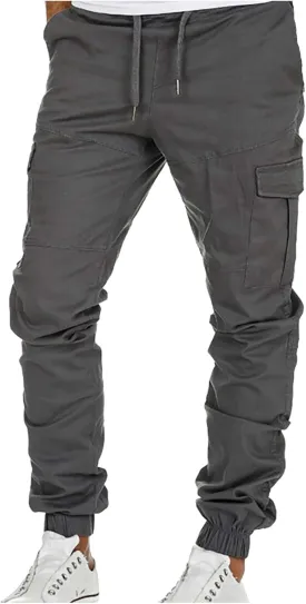 Muscularfit Hiking Pants for Men 2203 Drawstring Elastic Waist Slacks Tapered Multi Pockets Cargo Pants Casual Solid Trousers