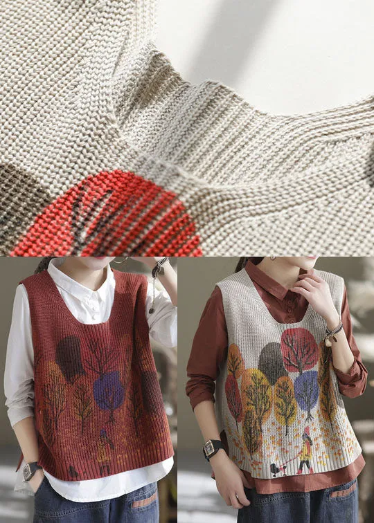 Natural Beige Print Knit Casual Vest Sleeveless