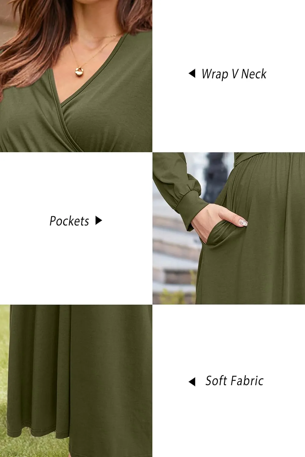 OUGES Fall Maternity Maxi Dress Long Sleeve Wrap V Neck Baby Shower Pregnancy Dresses for Photoshoot Maternity Clothes