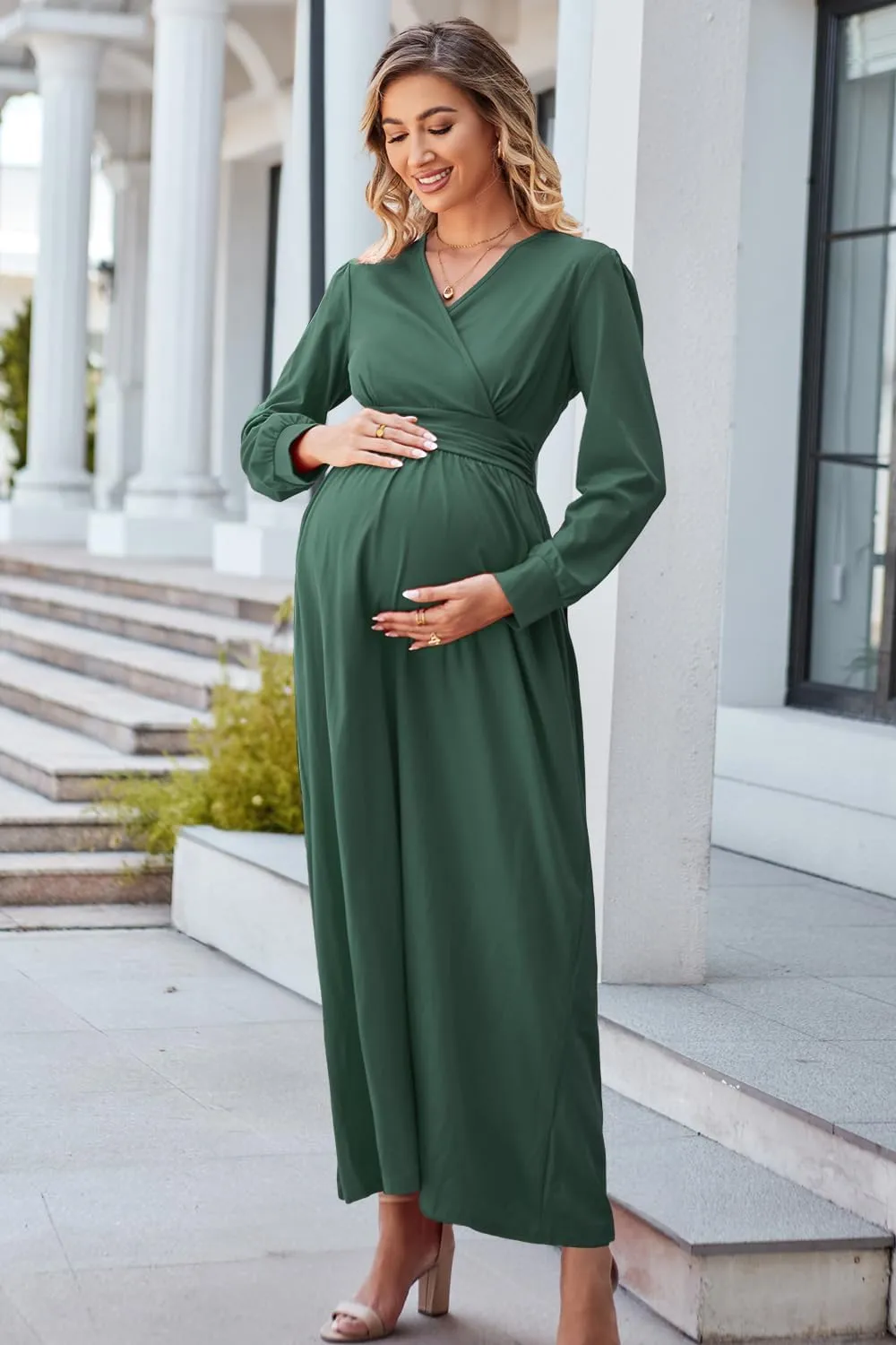 OUGES Fall Maternity Maxi Dress Long Sleeve Wrap V Neck Baby Shower Pregnancy Dresses for Photoshoot Maternity Clothes