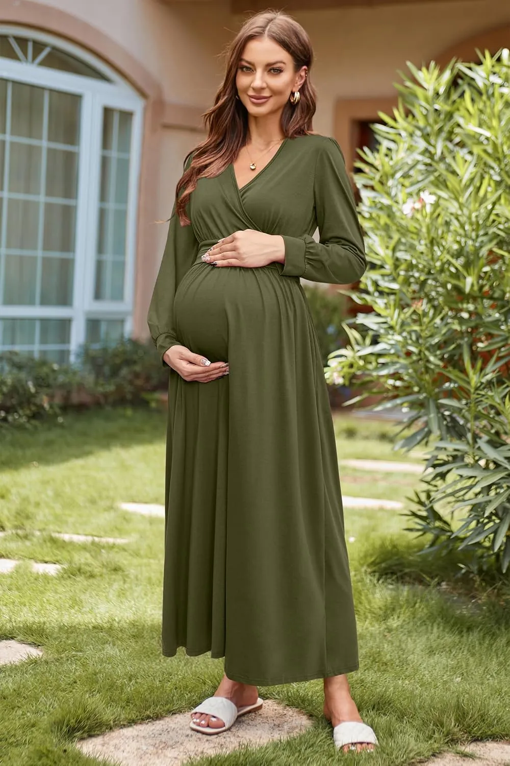 OUGES Fall Maternity Maxi Dress Long Sleeve Wrap V Neck Baby Shower Pregnancy Dresses for Photoshoot Maternity Clothes